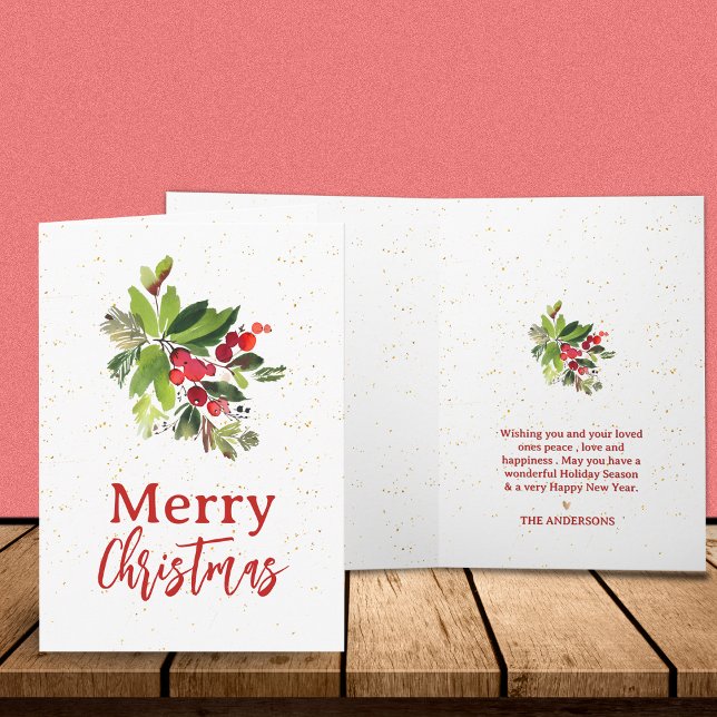 Cartão De Notas Watercolor Greenery & Red Berries Feliz Natal (Watercolor Greenery & Red Berries Merry Christmas Note Card)