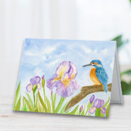 Cartão De Notas Watercolor Kingfisher with Purple Irises 