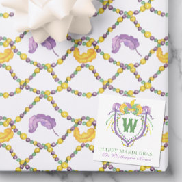Cartão De Notas Watercolor Mardi Gras Monogram Crest