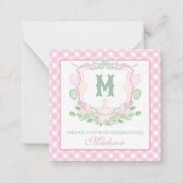 Cartão De Notas Watercolor Pink 1st Birthday Monogram Crest Party