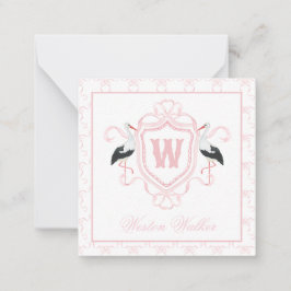 Cartão De Notas Watercolor Pink Stork Bow Monogram Crest