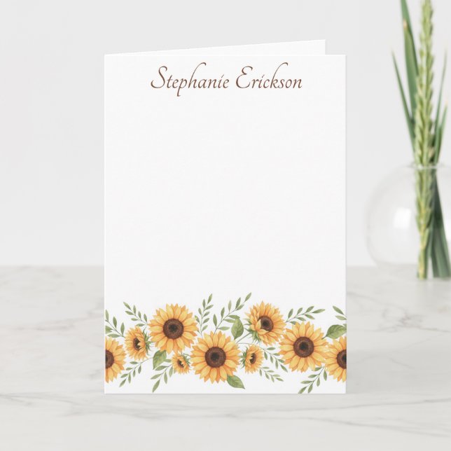 Cartão De Notas Watercolor Sunflower Personalized Stationery (Frente)