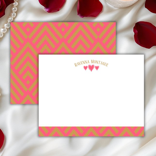 Cartão De Notas Watermelon Pink Chic Hearts Striped Fans Note Card (Criador carregado)