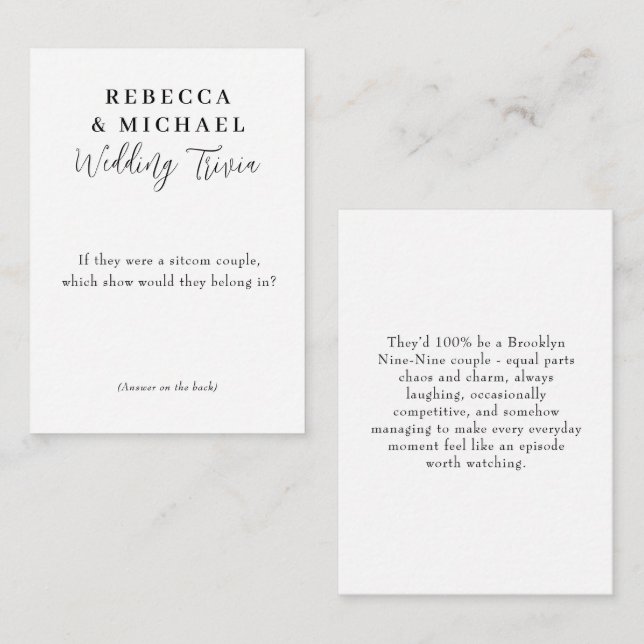 Cartão De Notas Wedding Trivia Game Modern Script Fun Facts (Frente/Verso)