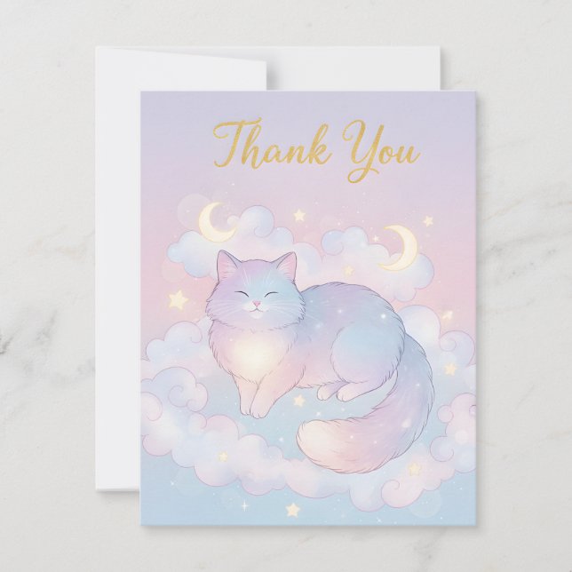 Cartão De Notas Whimsical Celestial Cat "Thank You" Card (Frente)