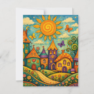 Cartão De Notas Whimsical Fairy Tale Village Colorful Canvas Art