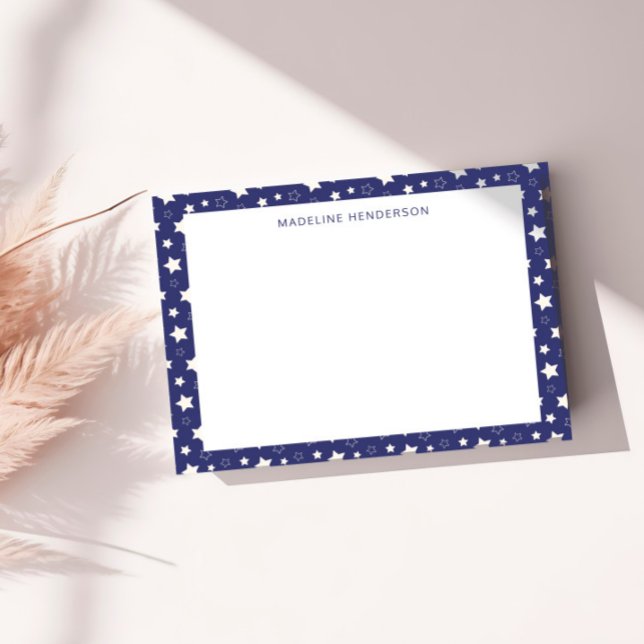 Cartão De Notas Whimsical White Stars Dark Blue Monograma (Criador carregado)