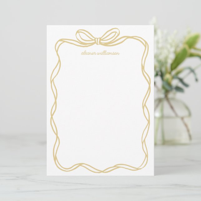 Cartão De Notas Whimsical Yellow Gold Bow Personalized Stationery (Em pé/Frente)
