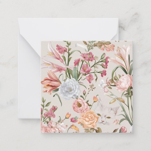 Cartão De Notas White Cats Pink Roses Floral Flat Thank You Card (Frente)