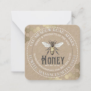 Cartão De Notas White on Kraft Vintage Bee Honey Jar Tag