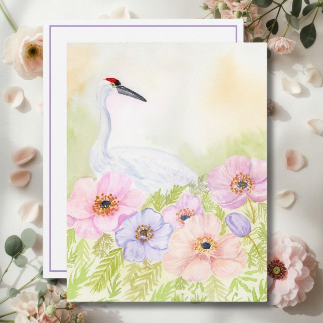 Cartão De Notas  Whooping Crane with Pastel Anemones  (Criador carregado)