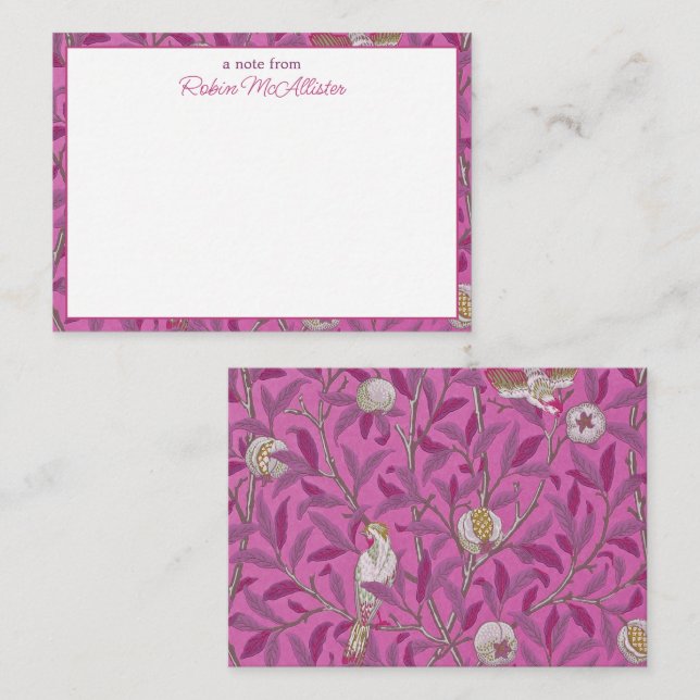 Cartão De Notas William Morris, Aves Rosa Quente e Pommegrenatos (Frente/Verso)
