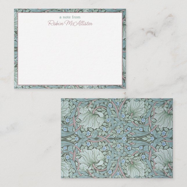 Cartão De Notas William Morris, Pimpernel - Aqua Green Floral (Frente/Verso)
