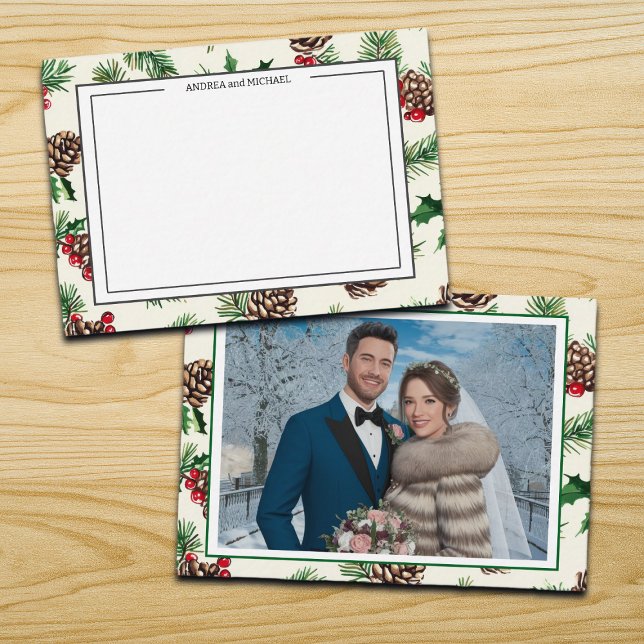 Cartão De Notas Winter Wedding Pine Cones Photo Thank You Card (Criador carregado)
