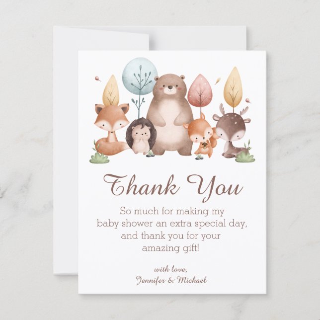 Cartão De Notas woodland animals thank you baby shower stylish (Frente)