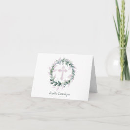 Cartão De Notas Wreath & Pink Cross First Communion Thank You Note