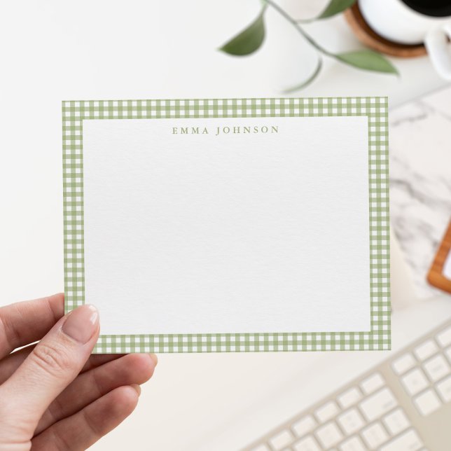 Cartão De Notas Xadrez/Gingham Verde Sage Minimalista (Criador carregado)