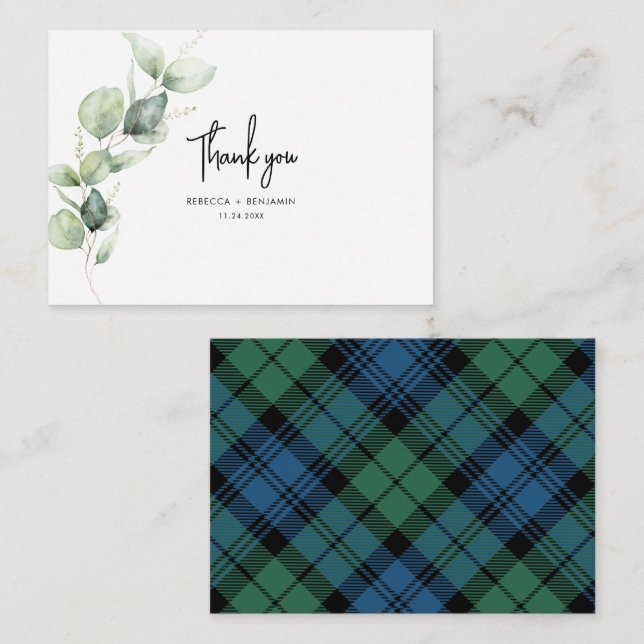 Cartão De Notas Xadrez Rustic Weding Tartan Eucalyptus Obrigado (Frente/Verso)