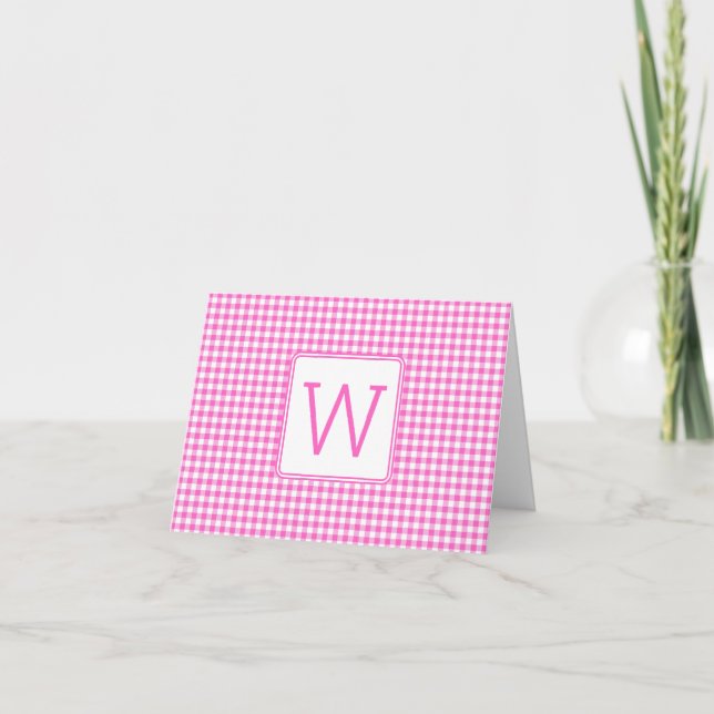 Cartão De Notas Xadrezinho Rosa e Branco com Monograma (Frente)