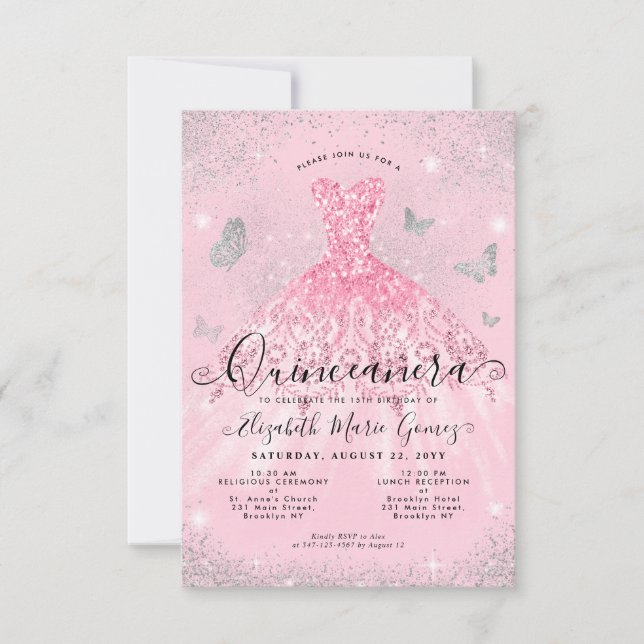 Cartão De Notas Xeque de Prata Rosa Cinza Glitter Quinceanera (Frente)