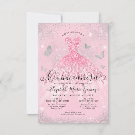 Cartão De Notas Xeque de Prata Rosa Cinza Glitter Quinceanera