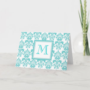 Cartão De Notas Your Monogram, Teal Damask Pattern 2