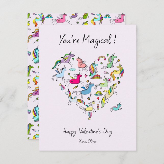 Cartão De Notas You're Magical, Cute Unicorn Kids Valentine's Day  (Frente/Verso)