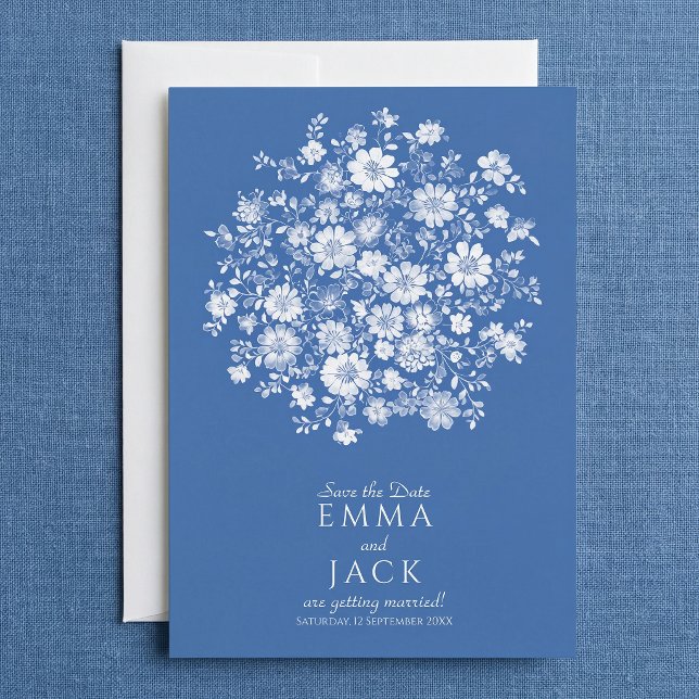 Cartão de Notificação de Data de Casamento com Buq (Dusty Blue Floral Bouquet Save the Date Card.)