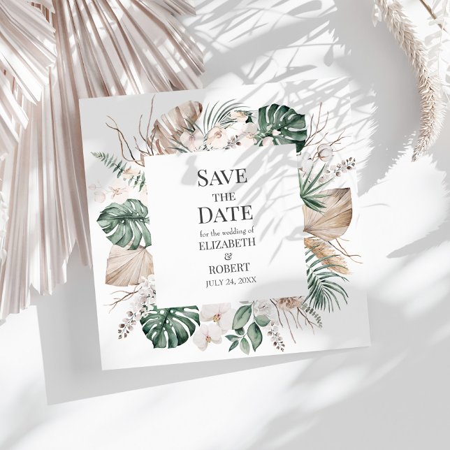 Cartão de Notificação de Data de Tropical Orchid e (Tropical Orchid and Monstera Save the Date Card on a sunny white table.)