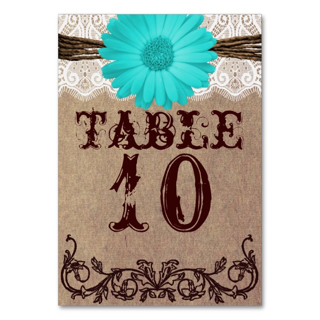 Cartão de Número da Mesa de Casamento Rustic Teal  (Frente)