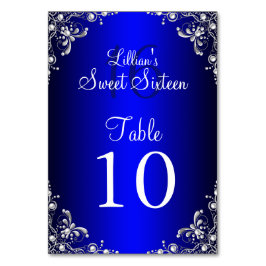 Cartão de Número da Mesa Royal Blue Sweet 16 Pérol