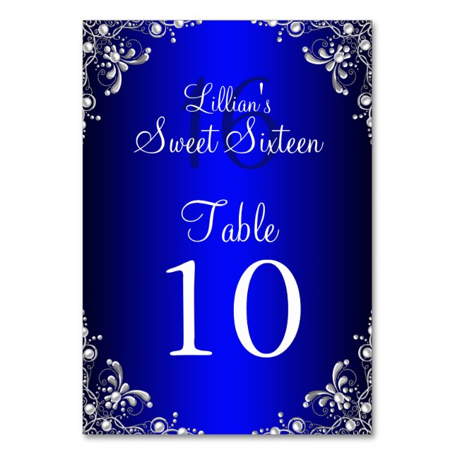 Cartão de Número da Mesa Royal Blue Sweet 16 Pérol (Frente)