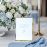 Cartão de Número da Tabela de Casamento Azul Branc<br><div class="desc">Coloque o tom para a sua elegante celebração à beira-mar com esta placa de número de tabela minimalista da coleção Chic Costeira. Apresentando um roteiro azul suave e empoeirado sobre um fundo branco limpo, ele traz sofisticação sem esforço para a sua capa de casamento. Perfeito para casamentos de praia, locais...</div>