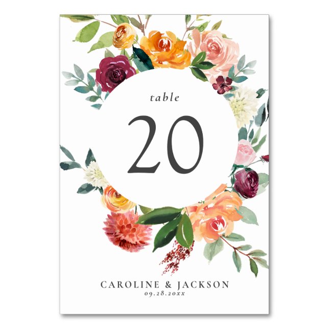 Cartão de Número da Tabela de Flores de Queda para (Frente)