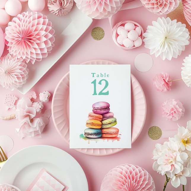 Cartão de Número da Tabela de Macaroons com Vidro (Watercolor bright macaroons Table Number card)