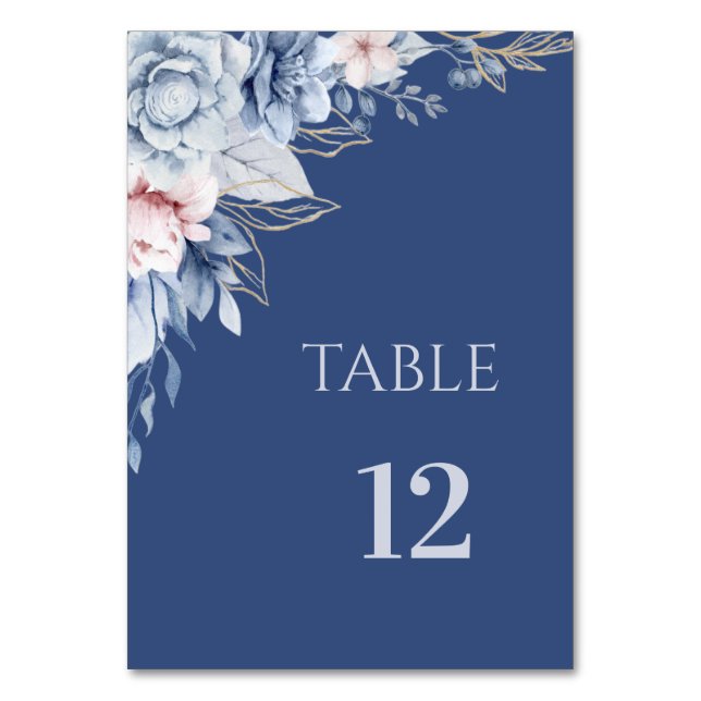 Cartão de Número de Mesa Azul Floral Azul Desbotad (Frente)