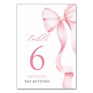 Cartão de Número de Mesa Bat Mitzvah com Laço Rosa