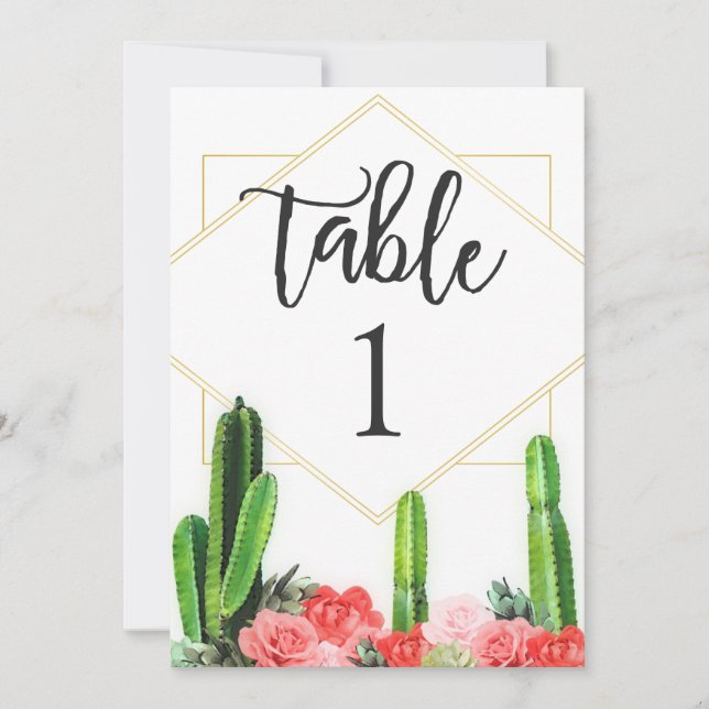 Cartão de Número de Mesa com Cacto e Floral Modern (Frente)