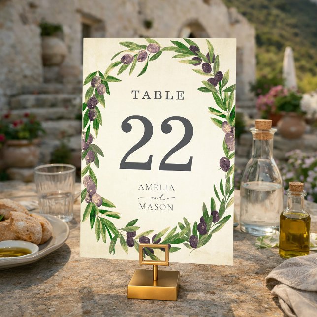 Cartão de Número de Mesa com Coroa de Oliveira Bot (Rustic Botanical Olive Branch Wreath Table Number Card)