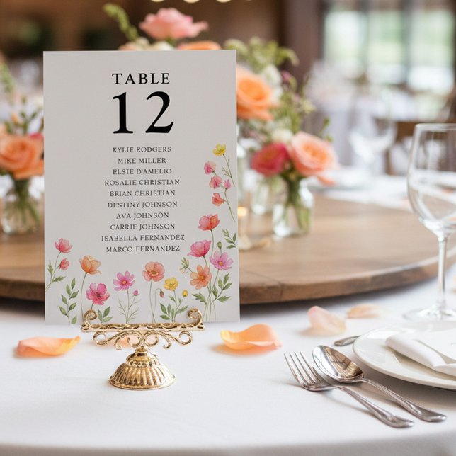 Cartão de Número de Mesa com Flor Laranja Rosa (Table Number Seating Chart from the Wildflower Bloom wedding collection by Darling & May
)