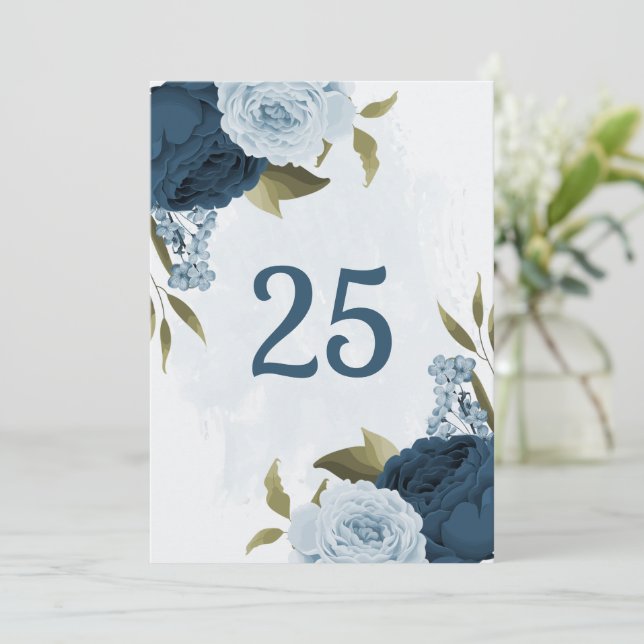 cartão de número de mesa com flores azuis navy cla (Em pé/Frente)
