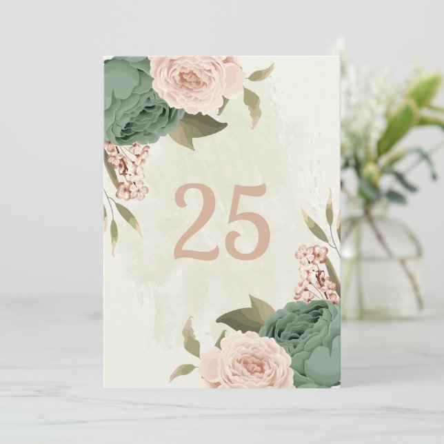 cartão de número de mesa com flores de verde-sage  (Em pé/Frente)