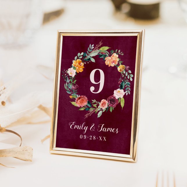 Cartão de Número de Mesa com Grinalda Floral Outon (Criador carregado)