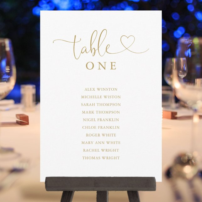 Cartão de Número de Mesa com Letra Coração Dourado (Gold Heart Script Table Number Seating Chart)