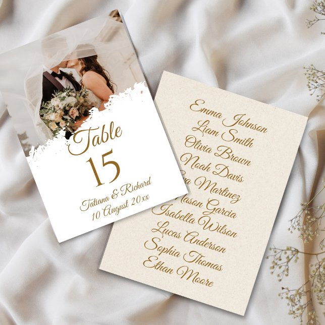 Cartão de Número de Mesa com Letra Dourada Elegant (elegant photo and gold script wedding table number card)