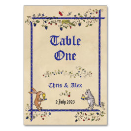 cartão de número de mesa com nome do casal de anim