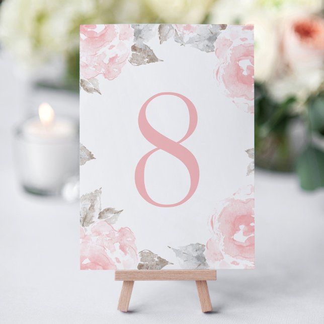Cartão de Número de Mesa com Rosa em Aquarela Rosa (Criador carregado)
