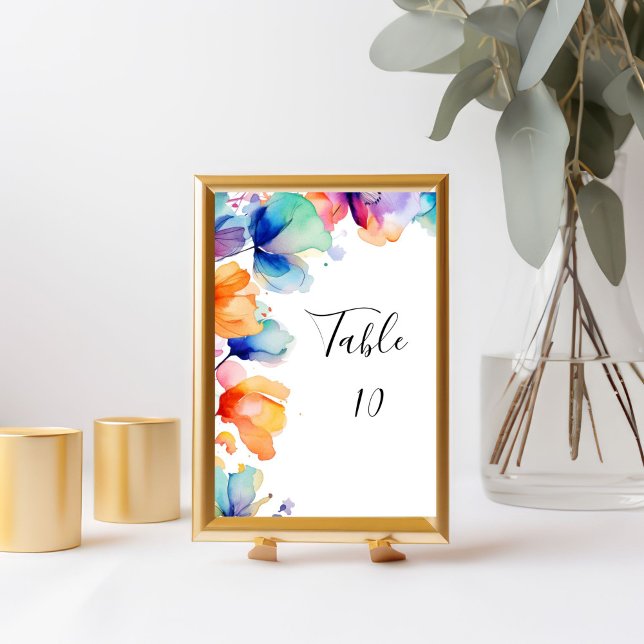 Cartão de Número de Mesa de Casamento com Aquarela (Bright Floral Watercolor Purple Orange Blue Flowers Wedding Table number card)