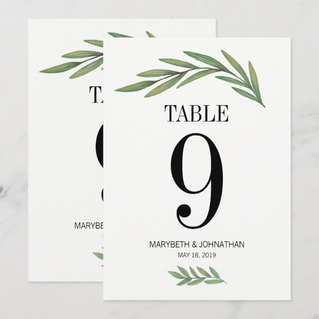 Cartão de Número de Mesa de Casamento com Folha de (Frente/Verso)