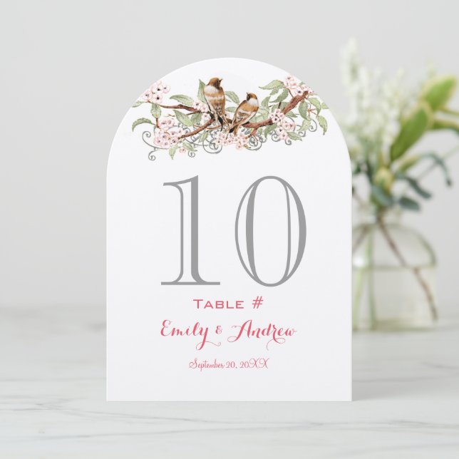 Cartão de Número de Mesa de Casamento com Pássaros (Em pé/Frente)